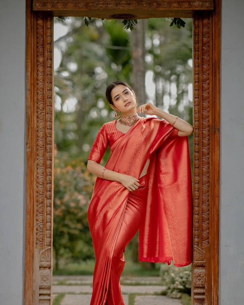 Deserving Red Soft Silk Saree with Energetic Blouse Piece